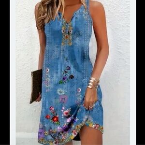 Temu Blue Floral Print Notched Neck Mini Sun Dress Size M